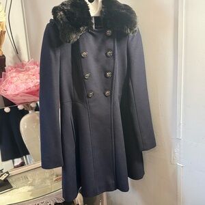 Via Spiga Navy Coat with Faux Fur Trim
